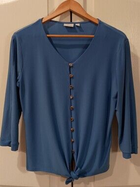 Kim Rogers Blue Button-Front Tie-Hem Blouse